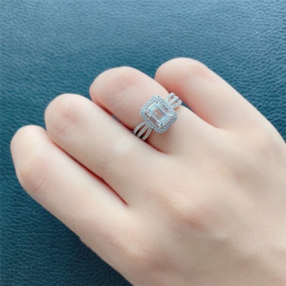 😍Radiant Cut CZ Three Layer Stackable Silver Plated Dainty Wedding Ring, L145